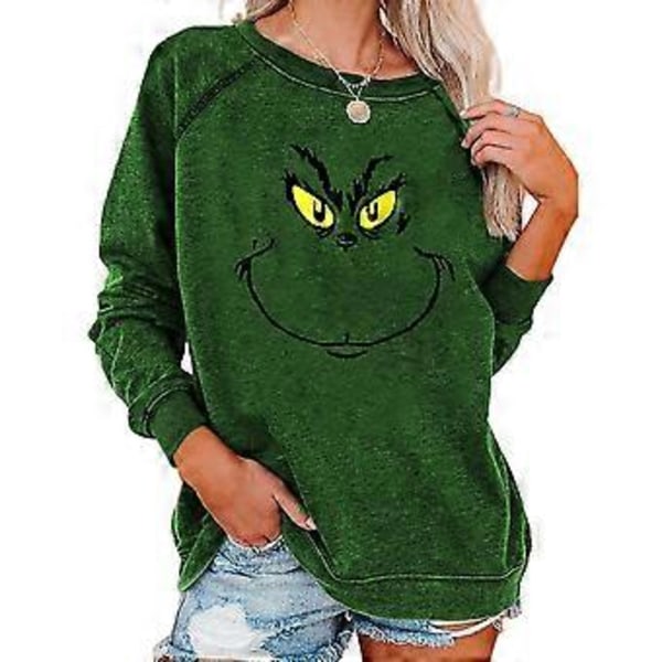 Jul The Grinch Print T-shirt Jule Kvinder Langærmet Sweatshirt Pullover Toppe Bluse -NMAOV(2XL Mørkegrøn)
