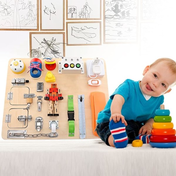 Montessori Busy Board 20 i 1 aktivitetsbord i trä Pedagogiska leksaker Grundläggande livsfärdigheter och fin