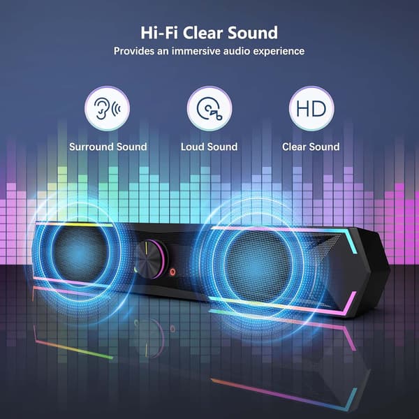 PC-højttaler, soundbar med RGB-lys, USB- eller Bluetooth-forbindelse