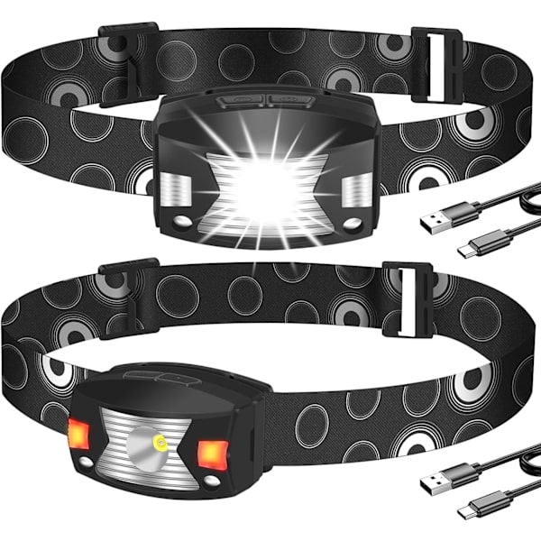 Laddningsbara LED-huvudlampor, 2-pack röd USB-sensor IPX6 laddning