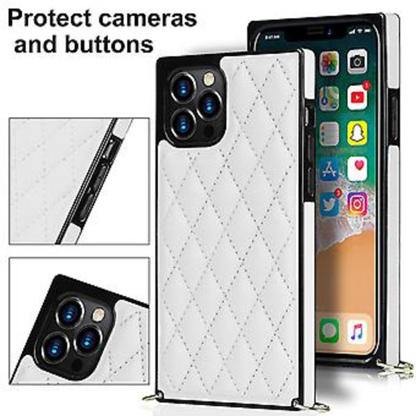 Case til iPhone 14 med Kæde PU Læder Datura Diamantgitter (Hvid)
