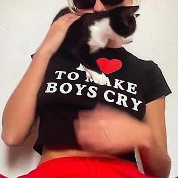 100% Ny, \"To Make Boys Cry\" Bokstavstryckt T-shirt Mångsidig Casual Kortärmad Stickad Toppjacka Ammoniak Vacker Croppad (L Svart)