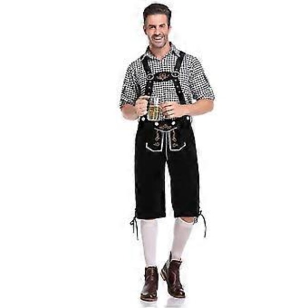Tysk traditionel herre Oktoberfest-beklædning ternet skjorte broderede seler sæt (XXL sort skjorte og sorte overalls)