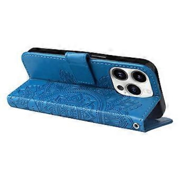 7-blads blomster preget lærveske for iPhone 15 Pro (Blå)