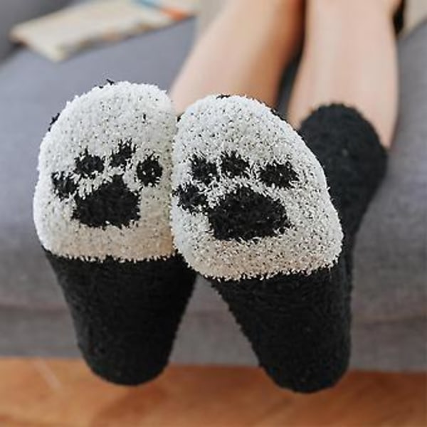 Dame Varme Sjove Fluffy Kat Pote Print Bløde Seng Slipper Sok Varme Kalve Sokker (Sort)