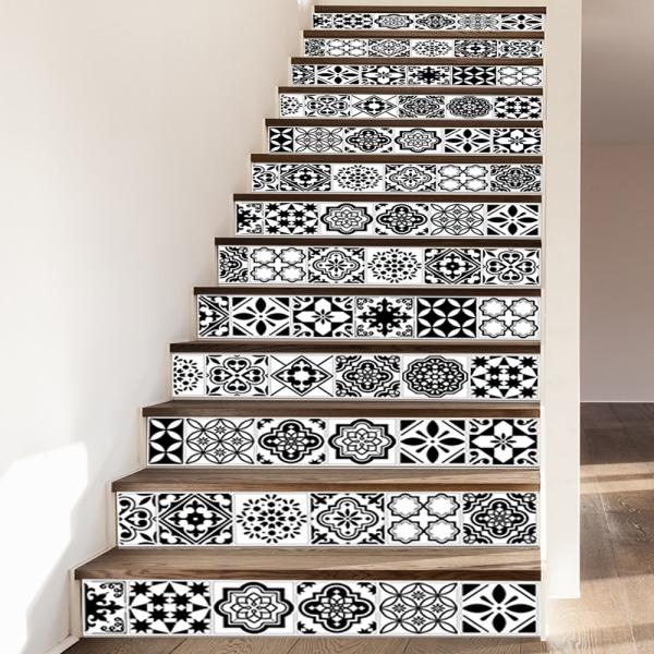 Stair Stickers Black And White Style Arabian Tile 13Pcs/Set 18Cm