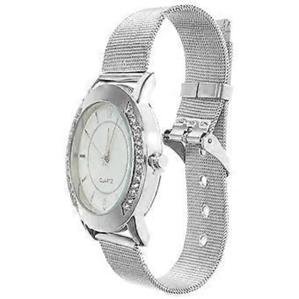 Stilren Klocka i Rostfritt Stål Mode Quartz Klocka Justerbar Klocka Casual Diamant Armbandsur för Kvinnor Män (Silver)
