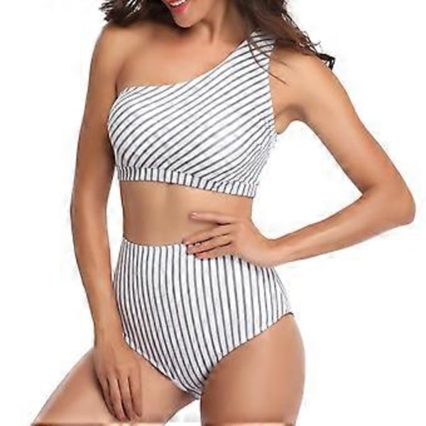 Naisten yksiolkaiminen uimapuku Tankini korkeavyötäröinen bikinisetti 2-osainen Push Up -uimapuku - Raita