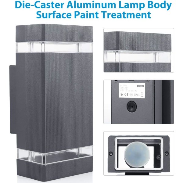 Utomhusvägglampa med varmvit LED-lampa, gjuten aluminium, I