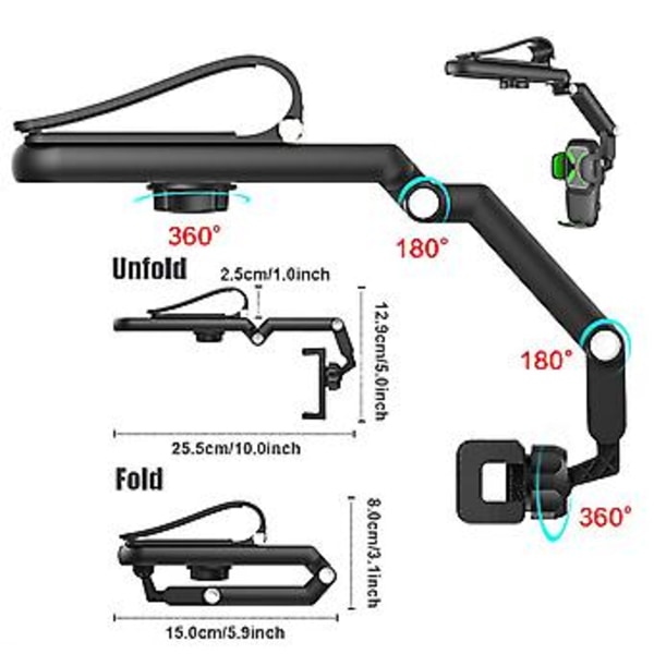 1080° roterbar og uttrekkbar biltelefonholder med flere funksjoner (Svart)