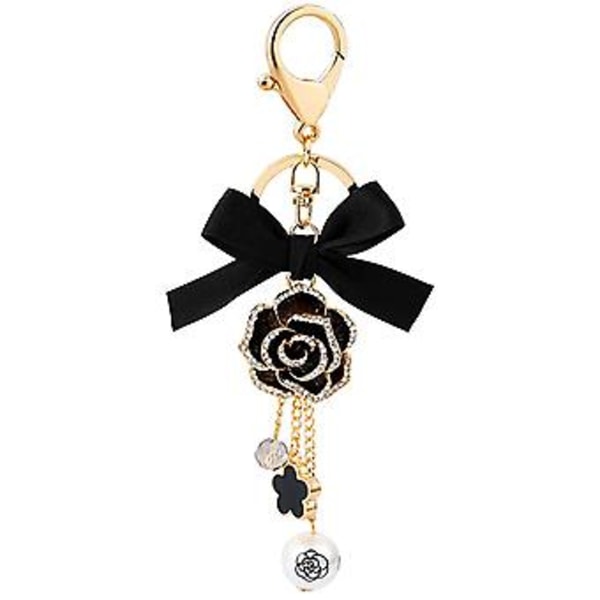 JUSCH Blomst Tassel Buesløjfe Nøglering Perle Bil Nøglering Holder Pung Taske---Sort