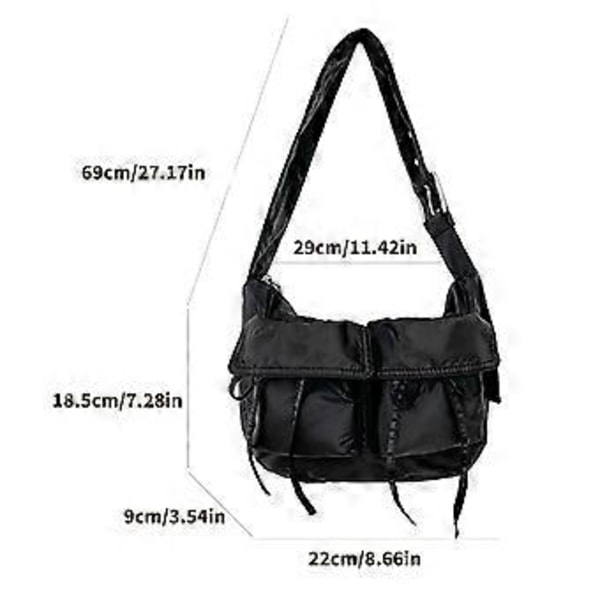 Stilfuld nylon skuldertaske til kvinder, underarmsdesign med flere lommer og justerbar rem, stor kapacitet, håndtaske, sort (sort)