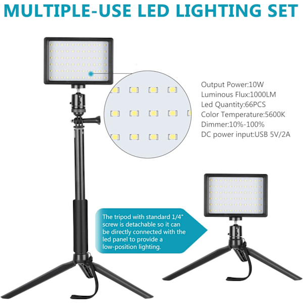 2 stk USB 5600K dimmbare LED-videolamper med justerbart stativ