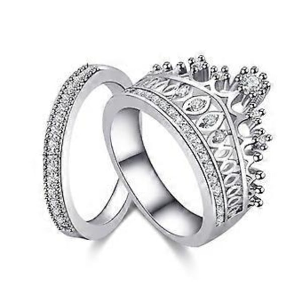 2 st Kvinnoringar Kronmönster Rhinestone Inlagd Legering Vigselringar Brudset för Förlovning (6 Silver)