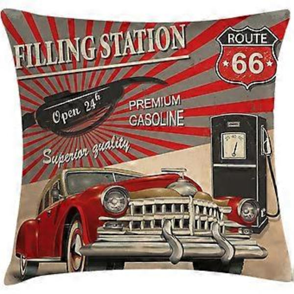 Bilkuddeöverdrag, Retro Stil Bensinstation Affärselement Rutt, Dekorativ Kvadratisk Kuddeöverdrag, 45.72cm X 45.72cm, Vermilion Beige