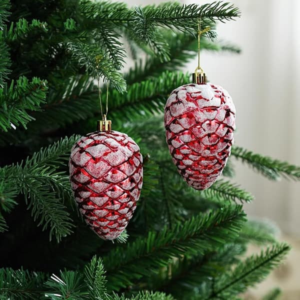 Sæt med 4 juletræspynt, 10 cm kogle-ornamenter – Rød Red