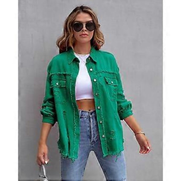 Løs Rippet Denimjakke Slitesterk Vellaget Hudvennlig Blazer For Vår Sommer Høst Daglig Bruk (XL Grønn)