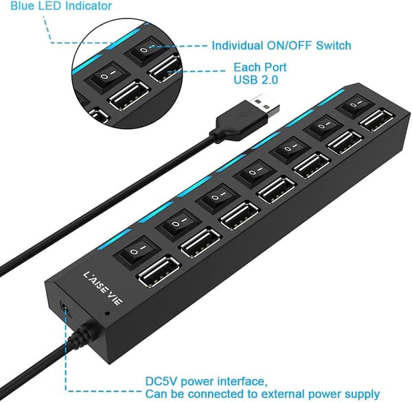 Multi-Port USB-splitter, 7-Port USB 2.0 Hub, USB A Data Hub med