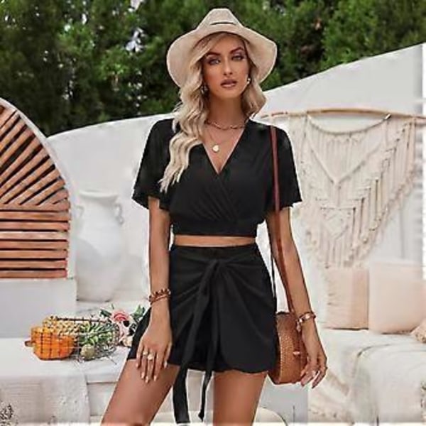 2-delt sæt til kvinder, afslappet sommer loungesæt med korte ærmer og elastiske taljeshorts, strandfestsæt (S Sort)