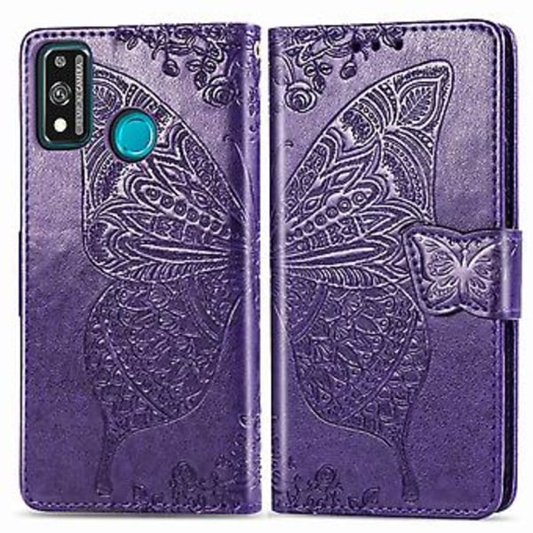 Läderfodral för Huawei Honor 9X Lite Fjäril Kärlek Blomma (Mörk Lila)