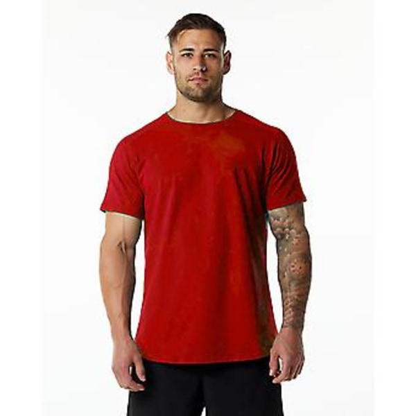 Sports Fitness Kortærmet Mænd Bomuld Rundhals Solid Farve Casual Træning Sort T-shirt (S Rød)