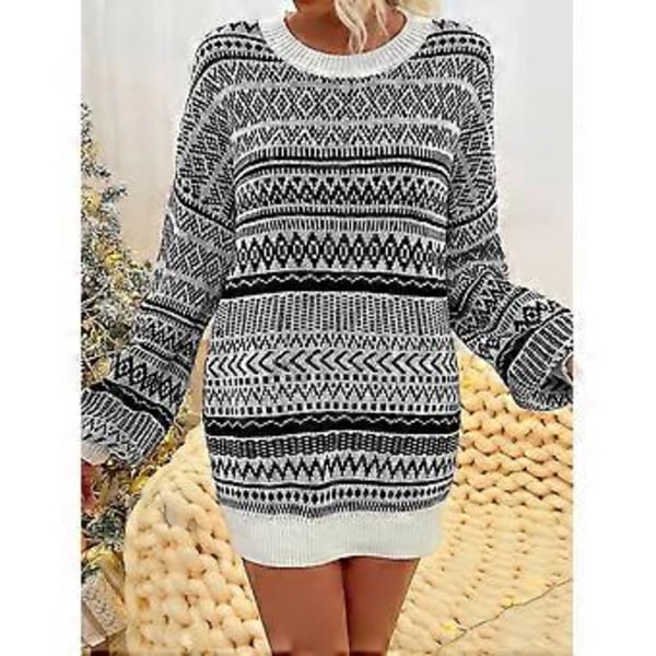 Jule Kvinder Langærmet Rund Hals Sweater Pullover Top Vinter Afslappet Løs Rund Hals Uldkjole (XL Sort)