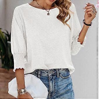 Dame Crew Neck Tunika Top Tee Top 3/4 Ærme Basic T-shirts Basic Tee Bluser Ensfarvet Løs Pasform Tunika Top Bluser Hvid M(M Hvid)