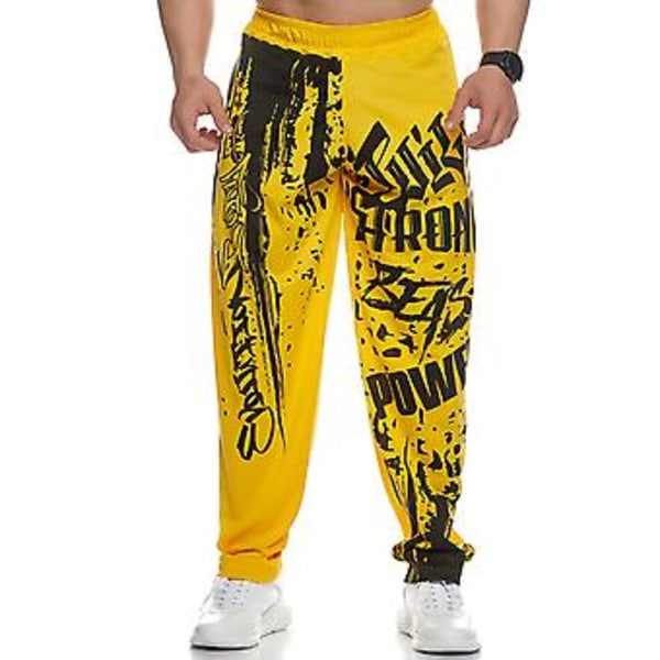 Män Sweatpants Elastisk Midja Tryckt Lös Snabbtorkande Casual Bodybuilding Joggingbyxor för Löpning (3XL Gul)