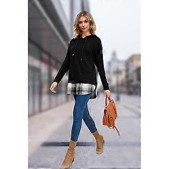Dame Plaid Patchwork Hættetrøjer Top Langærmet Casual Løs Pullover Sød Letvægts Casual Løse Hættetrøjer Sort XL Black XL