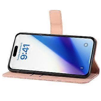 Læderpung-etui til iPhone 15, præget blomster stødsikkert telefonstativcover