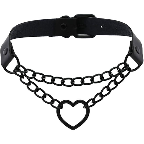 PU Mock Leather Svart Gothic Punk Hjärta Ring Kubansk Curb Kedja Justerbar