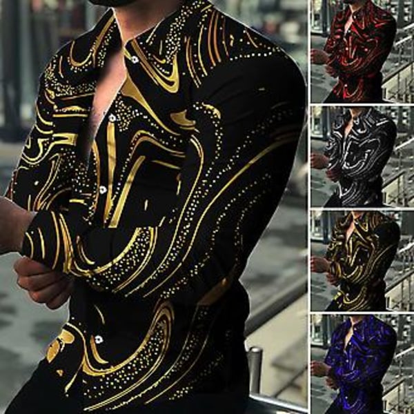 Fianao Mænds Skjorte Langærmet Vendbar Krave Farverig Print Enkeltbryst Sommer Top Mænd Clubwear (3XL Lilla)