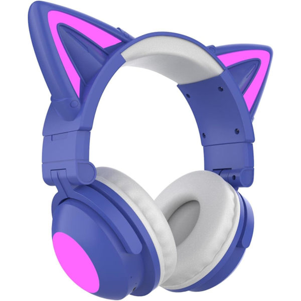 Søte kattetrådløse hodetelefoner, LED-belyst spillhodesett Bluetooth 5.0-modus Over Ear Low Noise Heads