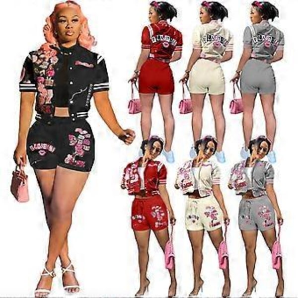 Dam 2-delat Set Kortärmad Crop Top Träningsdräkt Kroppsnära Shorts Jumpsuit Set (L Svart)