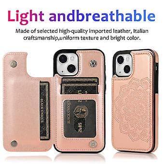 Fodral för iPhone 14 Plus med Kortfack i PU-Läder, Datura Blommönster (Roséguld)