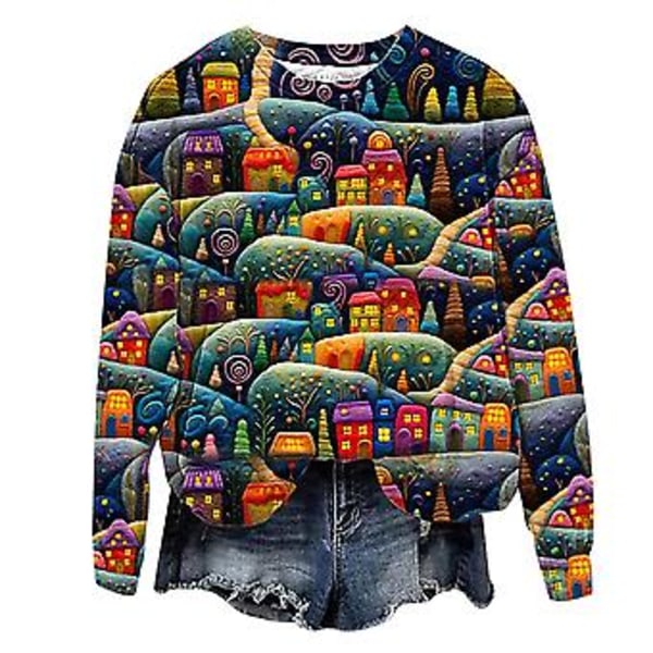 Damer Kvinders 3D Sjove Juletryk Sweatshirt Langærmet Casual Trøje Bluser Julegaver (L 4)