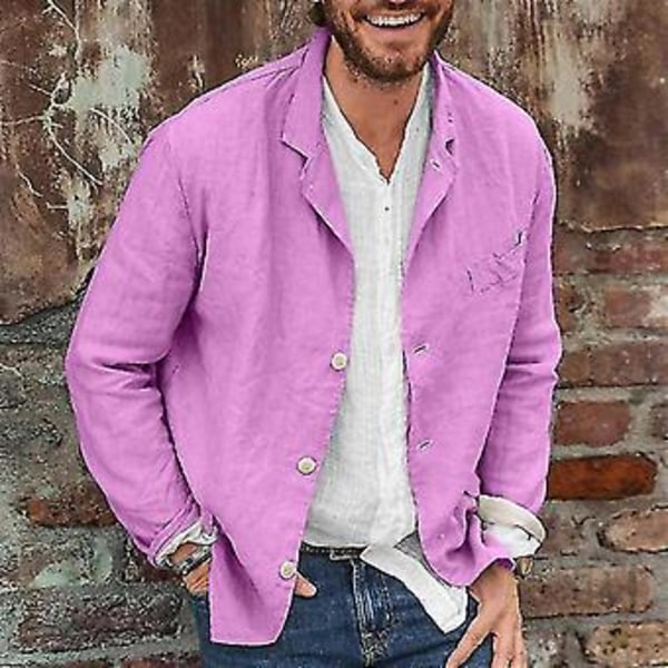 Mænds Bomuld Linned Casual Suit Frakke Lapel Knapløs Jakke (XL Pink)