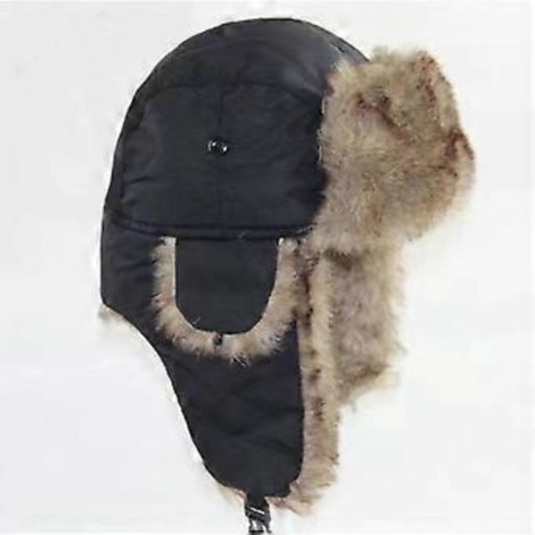 Taslan Ushanka Trapperhatt - Fuskepelsforet Russisk Stil Varm Vinterlue (lys svart)