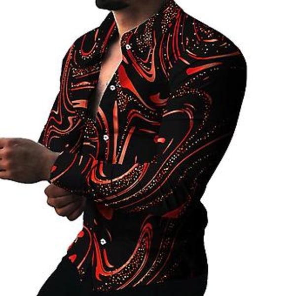 Fianao Herre Skjorte Langærmet Vendbar Krave Farverig Print Enkeltbryst Sommer Top Mænd Clubwear (XL Rød)