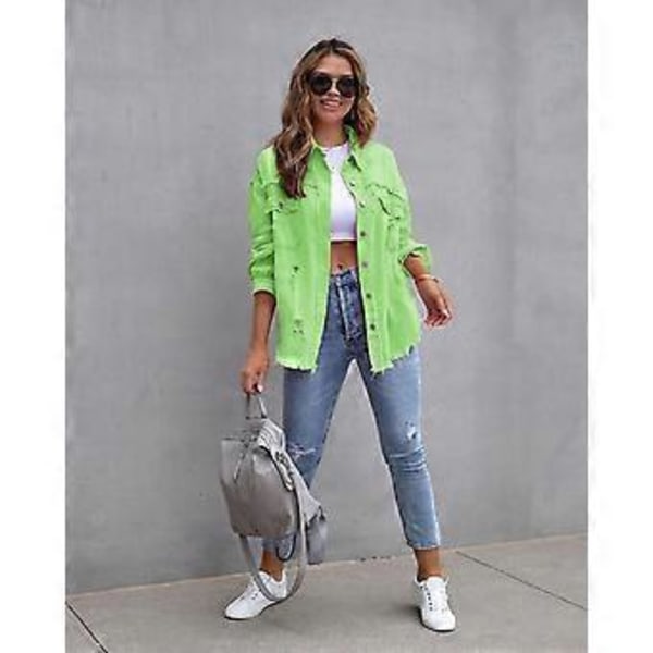 Løs Rippet Denimjakke Slitesterk Vellaget Hudvennlig Blazer For Vår Sommer Høst Daglig Bruk (XL Eplegrønn)