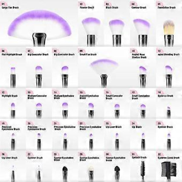 Sminkborstar, VANDER Professionella 32-deliga Sminkborste Set, Sminkborste Set Foundation Blending Kosmetisk Borste Set Kit, Lila