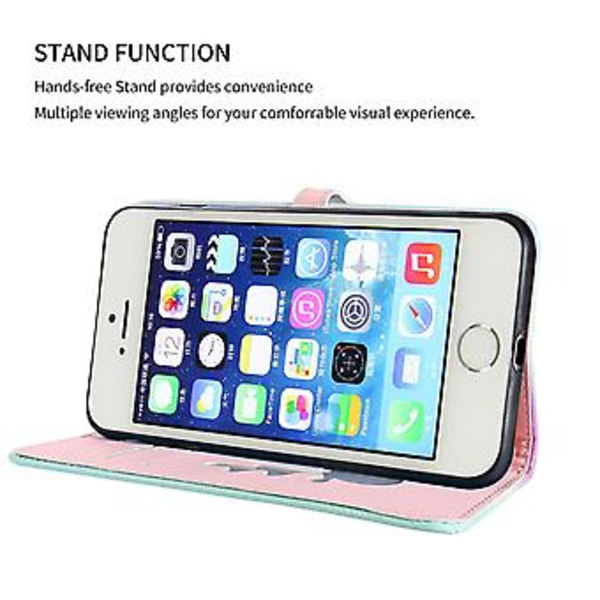 Telefonfodral med älgmönster för iPhone 5 5s SE med kortfack, snodd, PU-lädermaterial, plånboksfunktion, hörnfallskydd (lila grön)