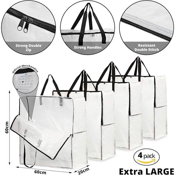 Sæt med 4 gennemsigtige og robuste XL opbevaringsposer: 60x60cm