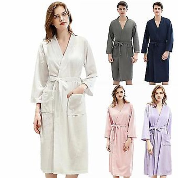 Mænd Kvinder Waffle Badekåbe Morgenkåbe Sommer Loungewear Pyjamas Kåber (M Lyseblå Kvinder)