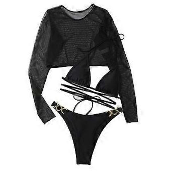 Åndbar Island Goddess tre-delt badedragt bikini langærmet mesh frakke bikini perfekt til vandaktiviteter sort S(S sort)