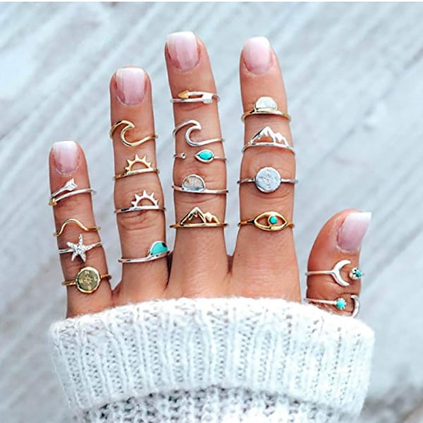 Boho Retro Stackbara Rings-set för Tonåringar, Flickor och Kvinnor, Peak Sea Wa