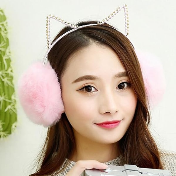 Sparkly Crystal Cat Ears Plysj Varme Vinter øreklokker for kvinner Gir