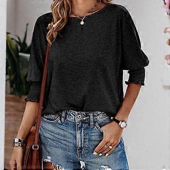 Dame Crew Neck Tunika Top Tee Top 3/4 Ærme Basic T-shirts Basic Tee Bluser Ensfarvet Løs Pasform Tunika Top Bluser Navy blå XXL(XXL Navy blå)