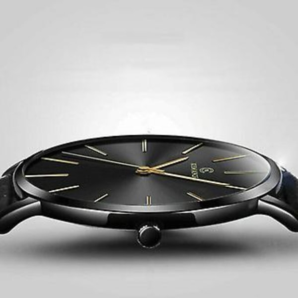 Trendy ultratynd minimalistisk herreur med slank læderrem og rustfrit stål quartz (sort)