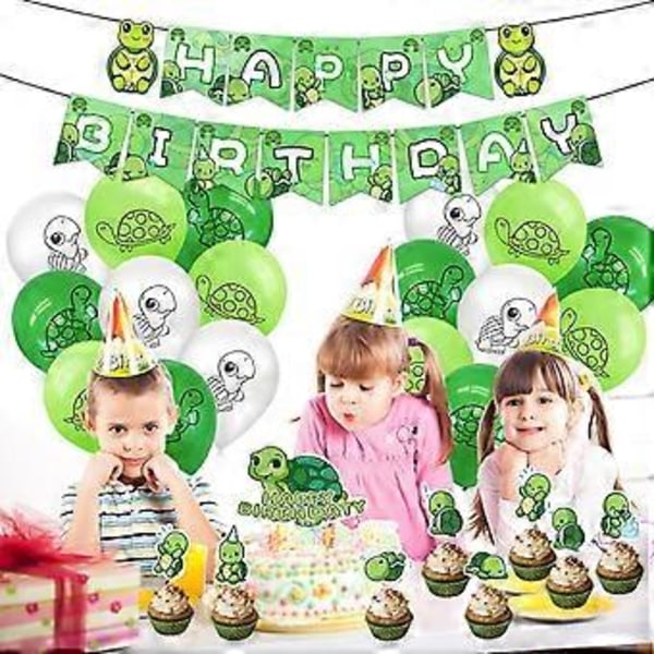 Skilpadde Babyfestutstyrsett med Gratulerer med dagen-banner, Skilpaddeballonger, Skilpadde-kakepynt, Skilpadde-kakepynt, Havets dyreliv-tema